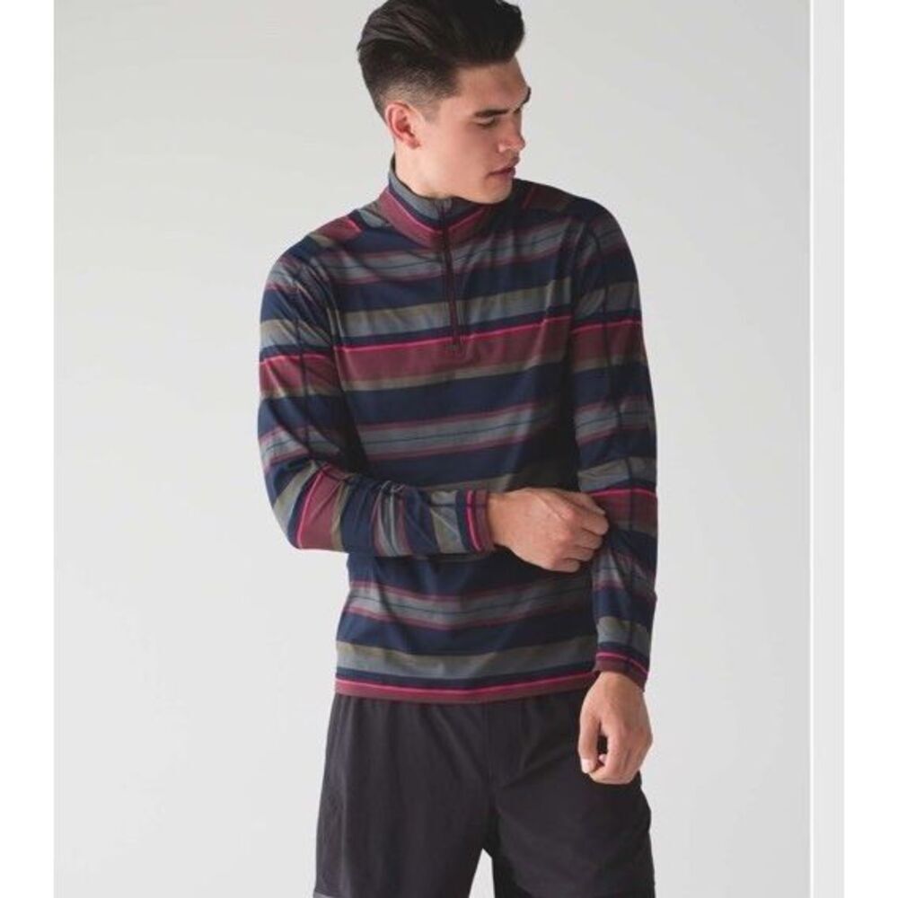 Lululemon Sweatshirt Mens Small Blue Multi Color Striped‎ Quarter Zip Pull Over